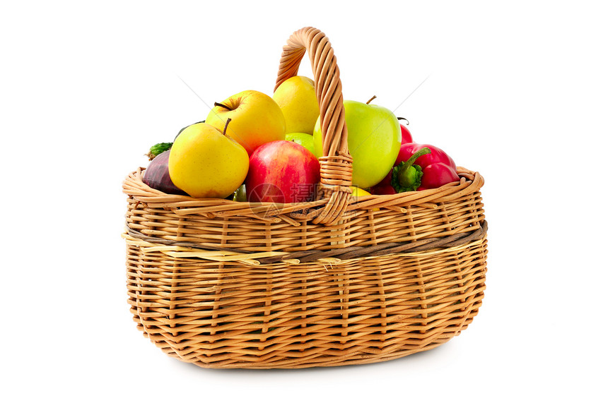 白底孤立的篮子水果和蔬菜图片