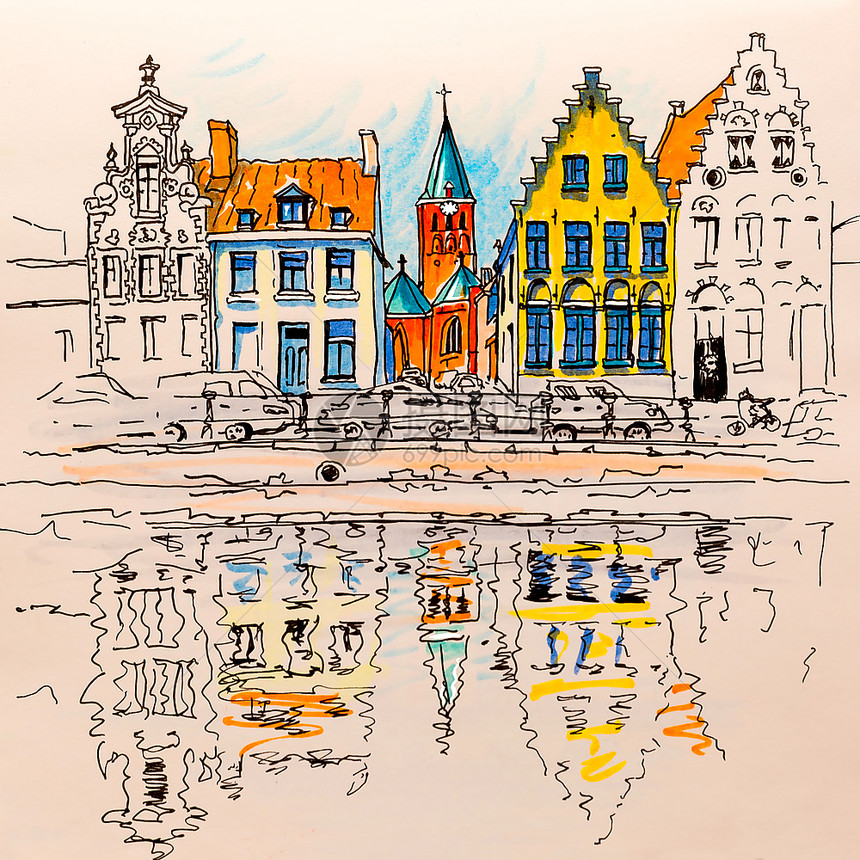 比利时布鲁日运河的景象城市和美丽的中世纪房屋图片
