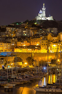 法国马赛晚上法国著名的欧洲港口观望图片