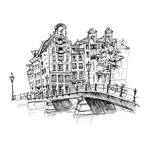 荷兰阿姆斯特丹典型房屋和桥梁的城市图画彩色手绘城市景图片