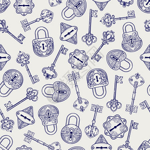 财富钥匙手画的锁和键图案无缝模式与手画的锁和键BallPen仿真矢量插画