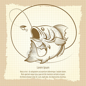 钓鱼诱饵渔业俱乐部徽章设计在旧记笔本页上插画