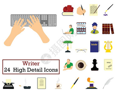 键盘和手素材一组24个Writer图标平面彩色设计矢量插图插画
