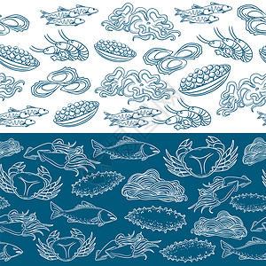 海洋动物涂鸦海洋生命无缝边界海洋生命无缝边界海产生物无缝边界海产食品定线模式矢量说明背景