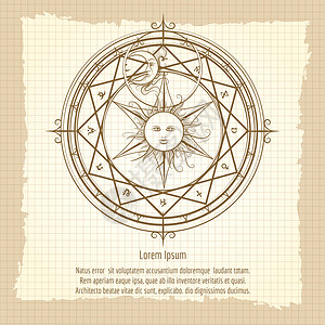 太阳符号古代炼金术魔法圆圈古代神秘草药圆圈笔记本背景矢量插图上的炼金术圆圈背景