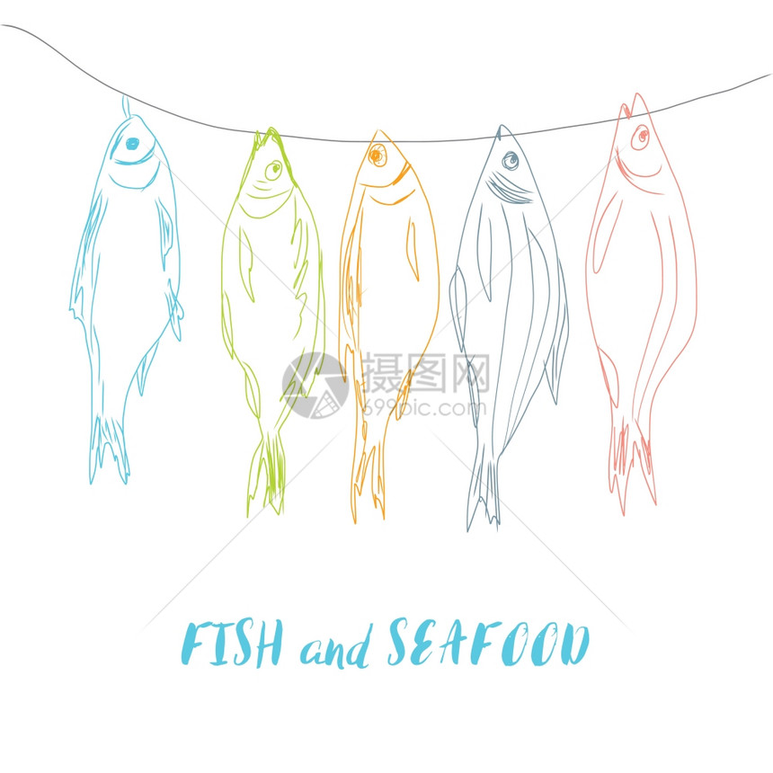 餐饮菜单设计配有abstracr多色鱼海产食品菜单设计餐饮和咖啡厅菜单配有手画插图图片