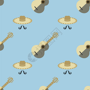 草帽矢量墨西哥的吉他与帽子和胡无缝的蓝色背景模式背景