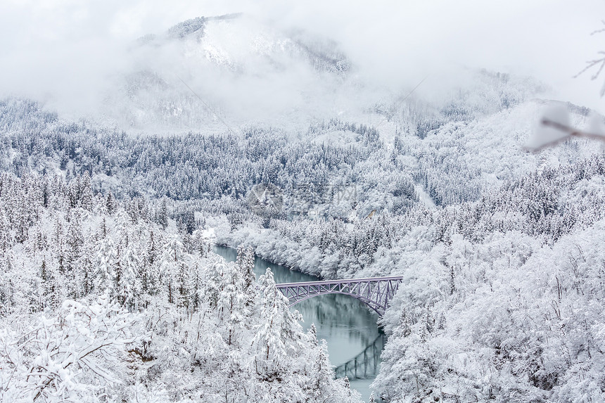 冬季风雪覆盖了河流和桥梁的树木图片