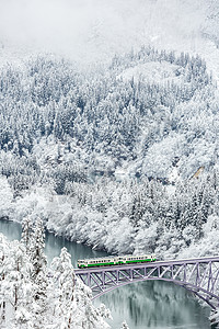 穿过雪火车冬季风雪覆盖树木背景