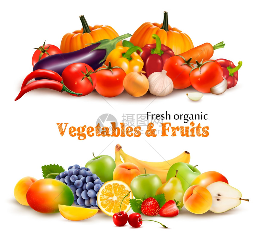 有机新鲜蔬菜和水果健康食品背景矢量插图图片