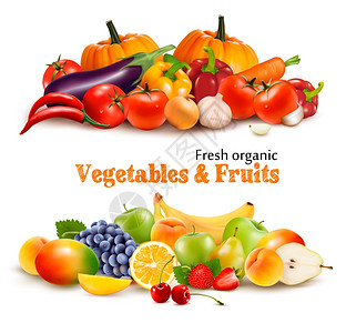 有机新鲜蔬菜和水果健康食品背景矢量插图图片