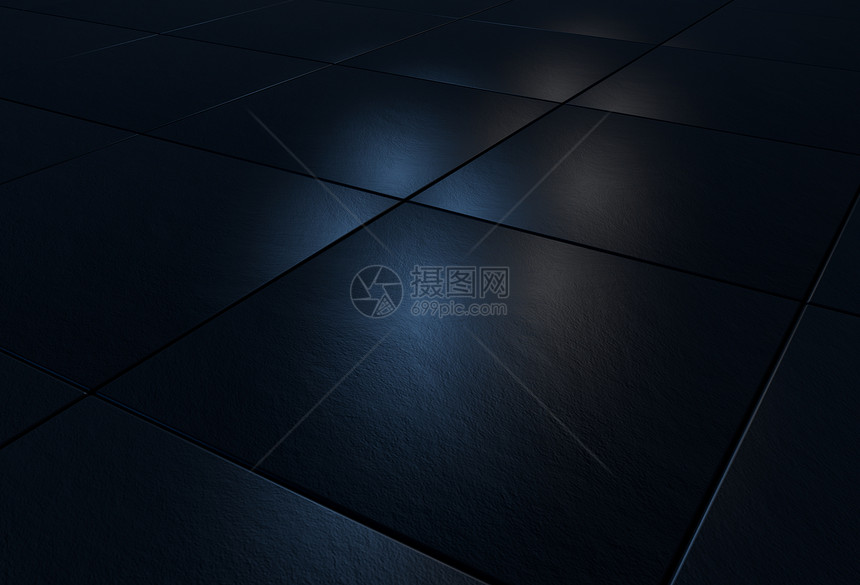 3D背景黑色石块瓷砖用蓝光和白照亮图片