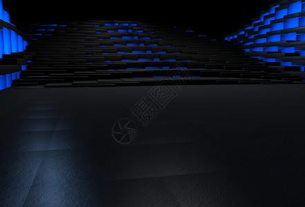 深3D内装黑色地板和石块以蓝光照亮图片