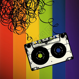 混音磁带带缠在一起的磁彩虹底部的磁带插画