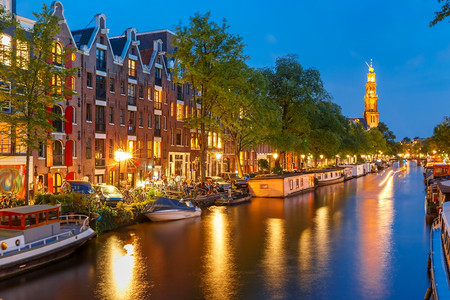 普林森格拉希特荷兰阿姆斯特丹运河Prinsengracht的夜间城市景色背景