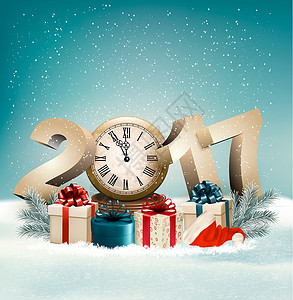 时钟GIF圣诞节背景2017年和礼物盒矢量背景