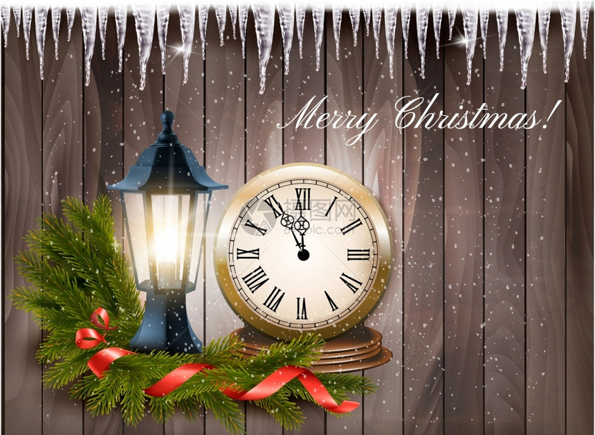 圣诞背景灯笼钟表礼物丝带矢量器图片