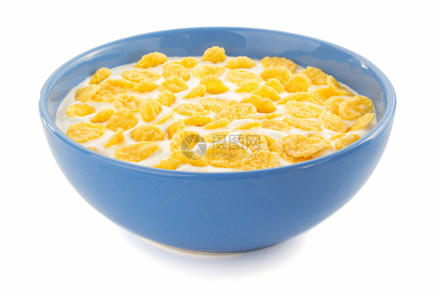 空白背景蓝碗里的玉米片图片
