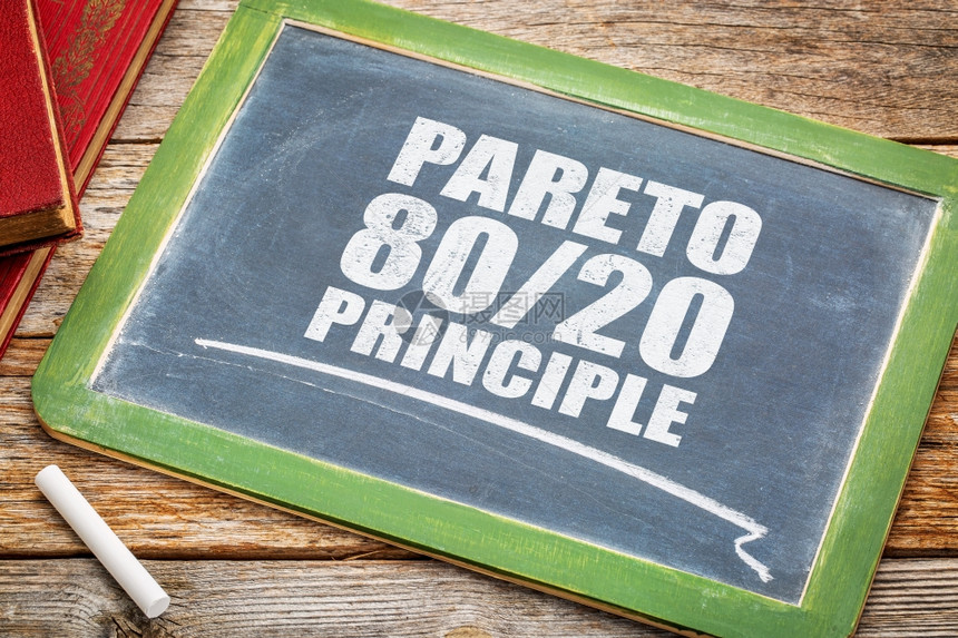 Pareto原则或八十二条规则旧黑板上白文字和书籍图片