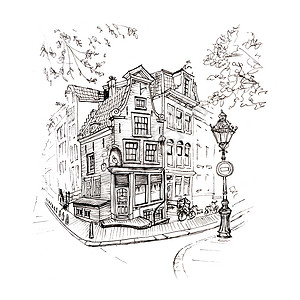 画黑白手绘阿姆斯特丹典型房子的城市景色图片