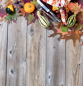 葫芦与叶子秋天晚宴的顶端边界上面有真正的果酱装饰品叶子和橡树背景