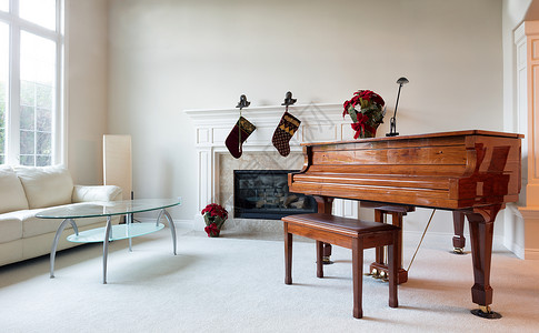 大钢琴环绕着圣诞物品在光天化日之下从客厅窗户走进来图片