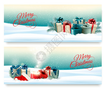两条圣诞横幅上面有礼物和魔盒矢量图片