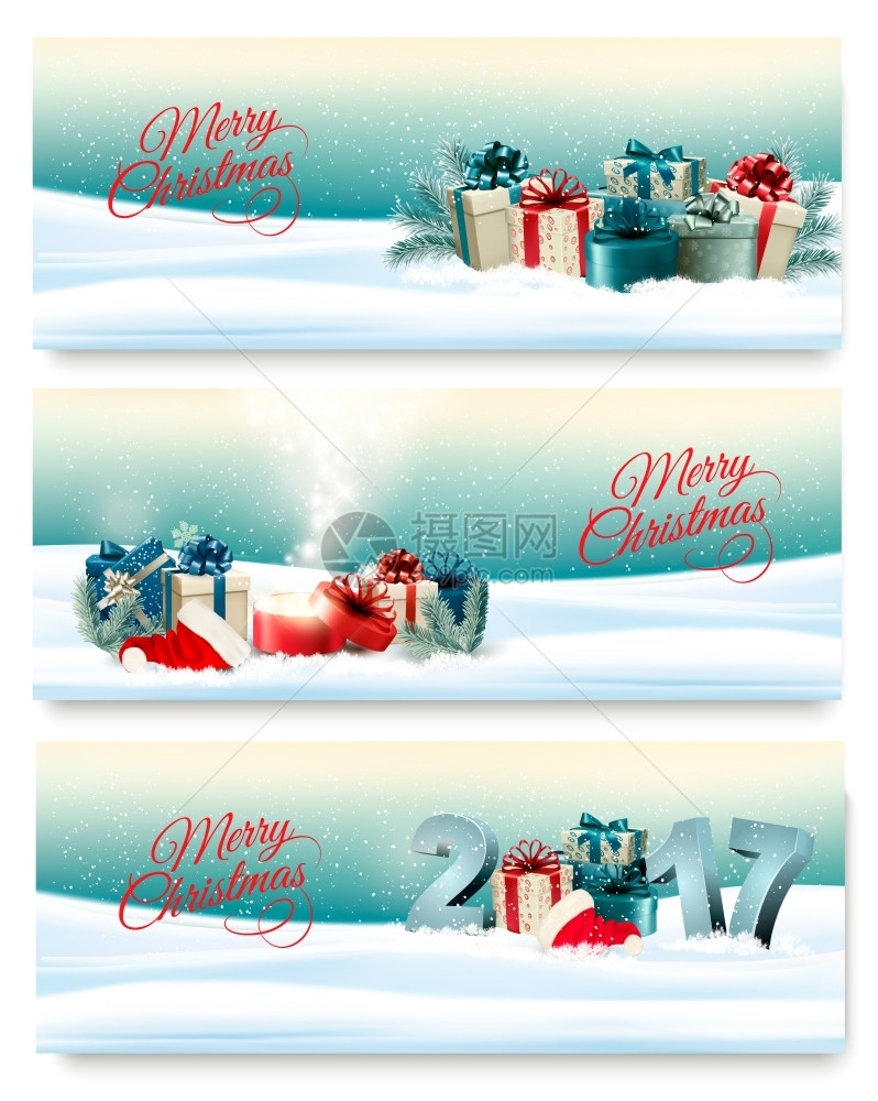 三个圣诞横幅配有礼物矢量图片