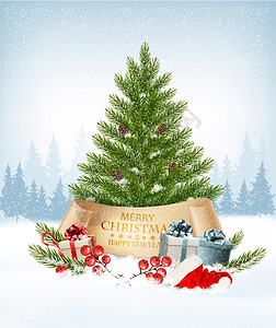 圣诞树和帽带礼物背景矢量背景图片