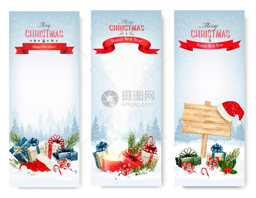 三个圣诞横幅配有礼物和魔盒矢量图片