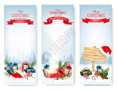 三个圣诞横幅配有礼物和魔盒矢量图片