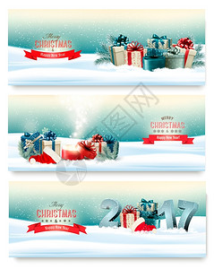 彩盒设计素材三个圣诞横幅配有礼物和魔盒矢量插画