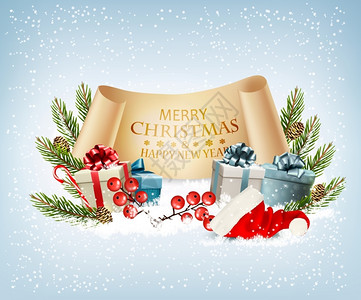 基督教圣诞圣诞假日背景带礼物盒和圣诞帽插画