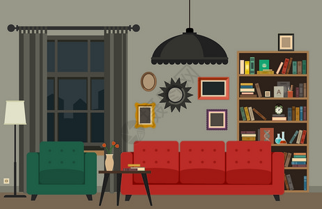 绿色家具室内客厅有家具的矢量横幅是平式的插画
