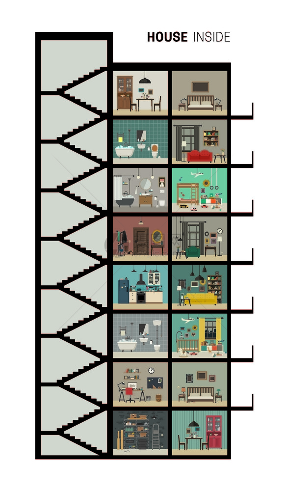 室内住宅矢量公寓带有一套基本房间高楼住宅与家具一起切割图片