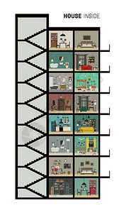 房间切割素材室内住宅矢量公寓带有一套基本房间高楼住宅与家具一起切割插画
