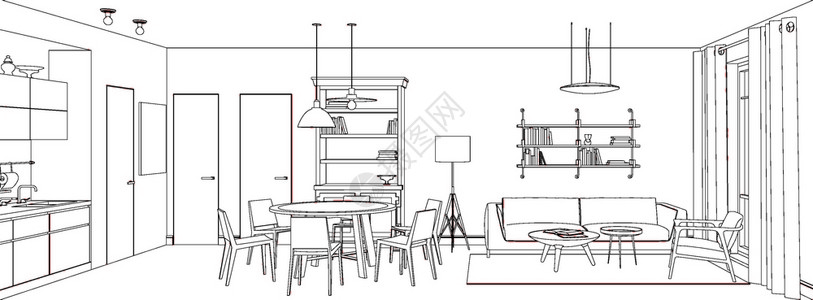 公寓厨房室内客厅的线条草图插画