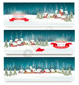 三个圣诞节日风景横幅矢量图片