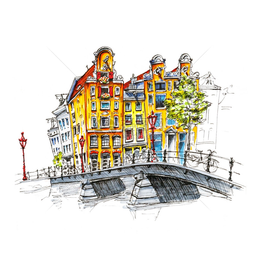 荷兰阿姆斯特丹典型房屋和桥梁的城市图画彩色手绘城市景象图片