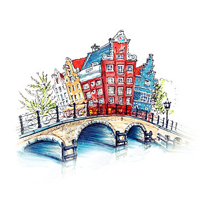 桥梁手绘素材荷兰阿姆斯特丹典型房屋和桥梁的城市图画彩色手绘城市景象背景