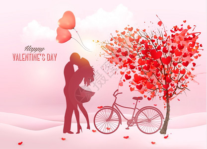 情人节的背景亲吻情侣的双影心形树和盒子矢量图片