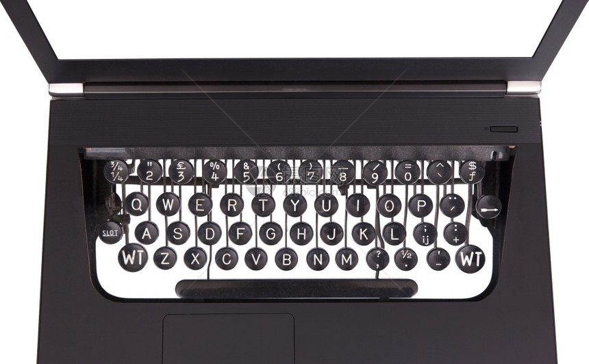 带旧式打字机钥匙的膝上型电脑机钥匙在白色上隔离图片