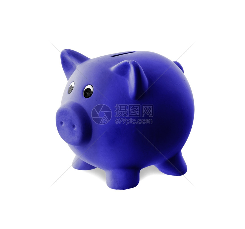 独有的粉色陶瓷小猪银行孤立的蓝色图片