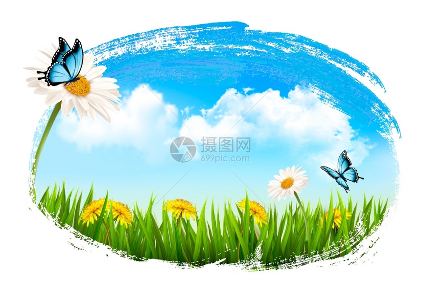 大自然背景绿草鲜花蝴蝶矢量背景图片