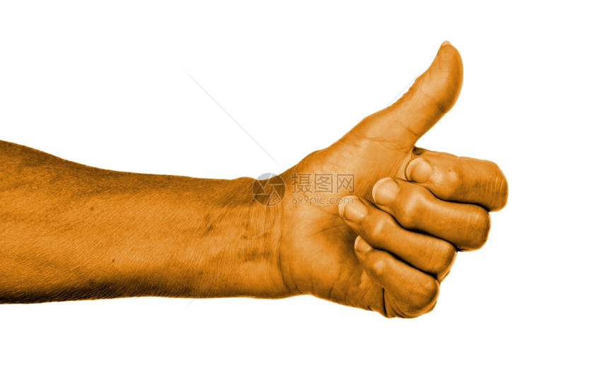 有关节炎的老女人把拇指举起标志橙色皮肤图片