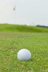 旗上草地和绿色航道上的高尔夫球图片