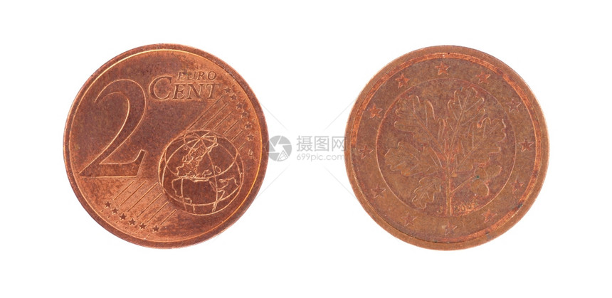2欧元硬币白纸上孤立的硬币图片