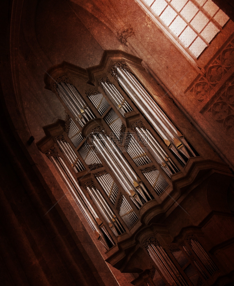 教堂旧管器官的可怕形象有选择的焦点图片