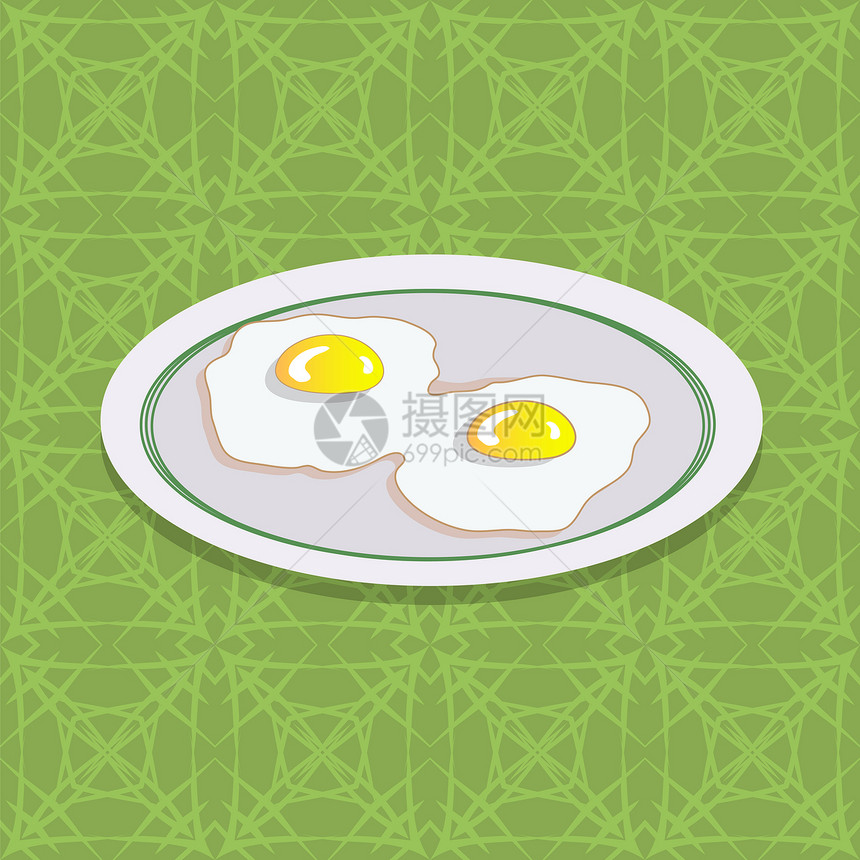 白板上的两只炸鸡蛋绿色桌布上的早餐图片