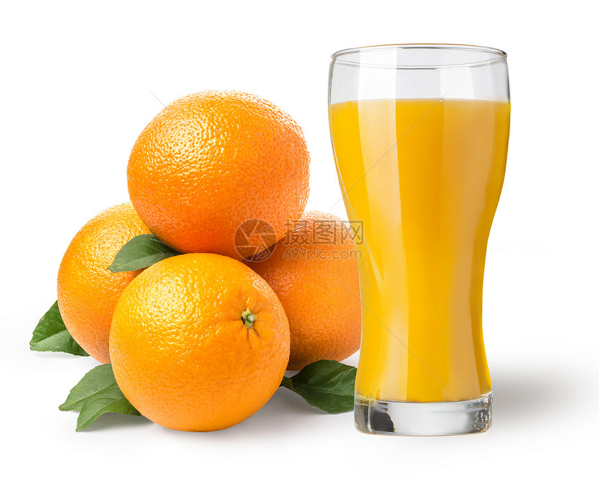 白底隔离的橙汁和橘子果实图片